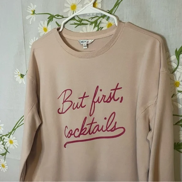 WILDFOX But First Cocktails pink tan cute quote graphic relaxed fit sweatshirt - Picture 4 of 9